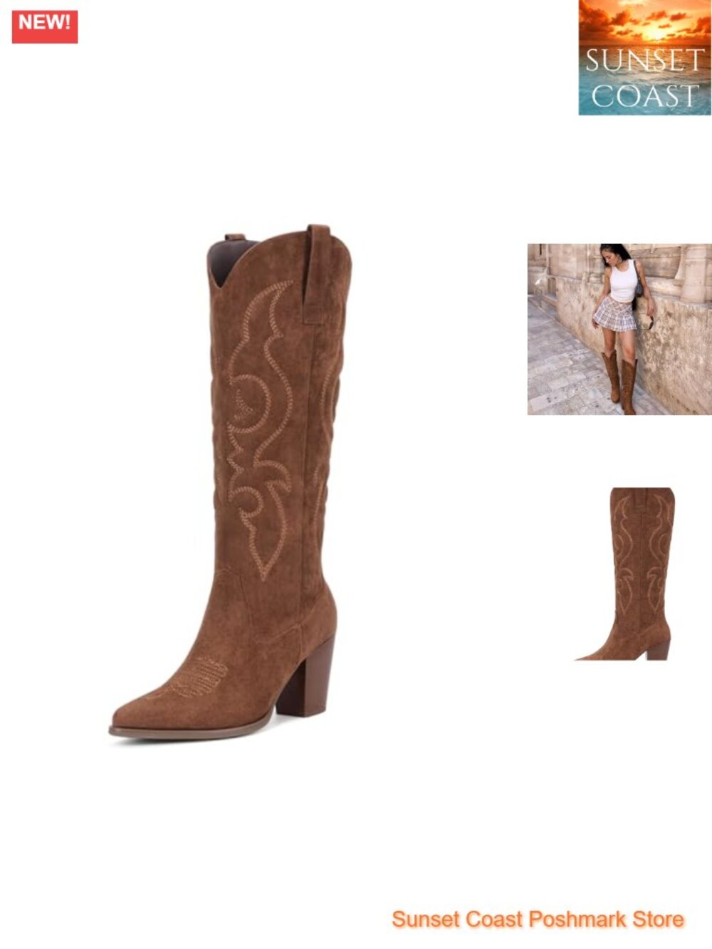 Suede Cowboy Boots Women Western Knee High Pointed Toe Block Heel